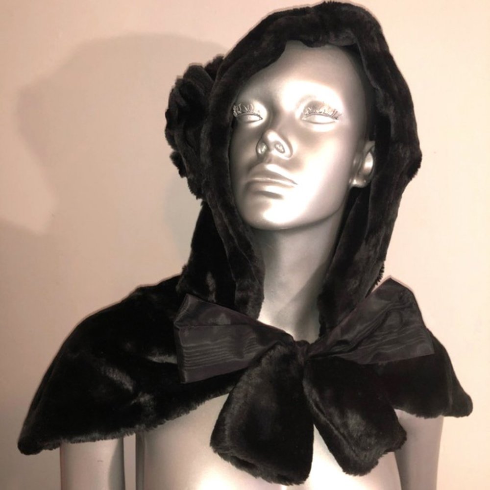 Black Faux Fur Hooded Capelet with silk moire ties